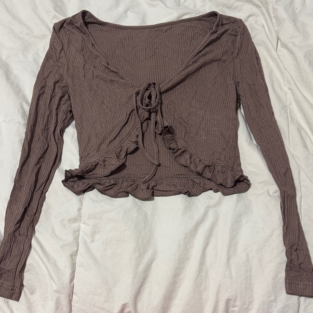 SHEIN Brown Ribbed Tie-Front Ruffle Long-Sleeve Top